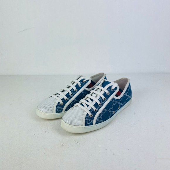 Gucci Blue Denim Monogrammed GG Logo Leather Trim Low Top Tennis Trainers UK 3 - Picture 2 of 10